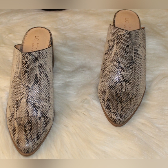 LC Tan Faux Leather Anima Snake Print Pointed Toe Chunky Block Heel Mules Shoes - Picture 12 of 12